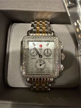 Michele Two-Tone Silver and Gold Diamond-Accented Women’s Chronograph Watch